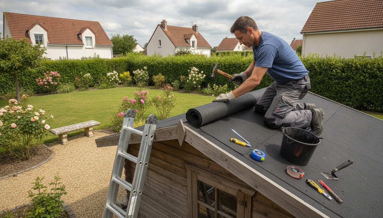 Artisan couvreur en train de clouer un rouleau de bitume sur la toiture d'un abri de jardin en bois