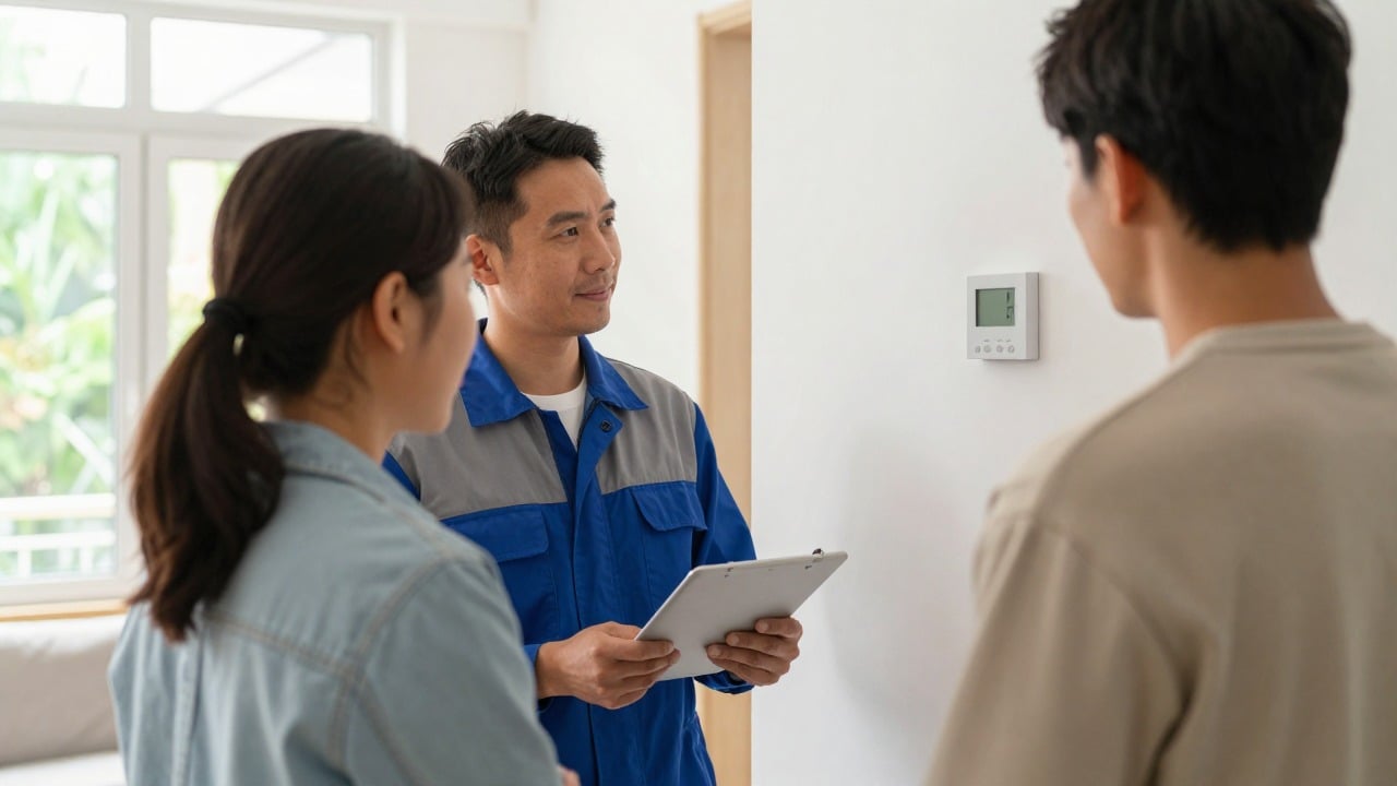 Technicien et propriétaire consultant le thermostat d'une pompe à chaleur dans un salon