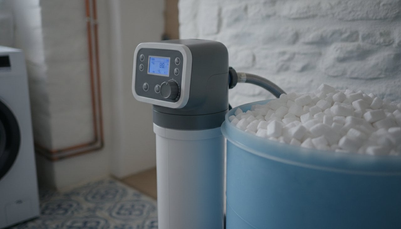 Tête de commande d'un adoucisseur d'eau avec écran et bac à sel rempli de pastilles