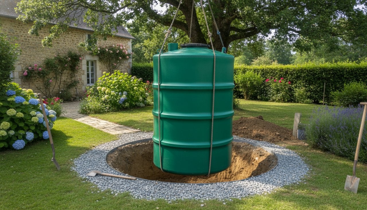 Fosse toutes eaux en polyéthylène descendue dans la fouille d'un jardin avant raccordement