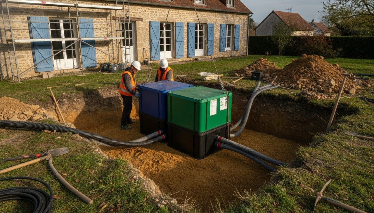 Filtre compact d'assainissement individuel installé dans une tranchée à côté d'une maison