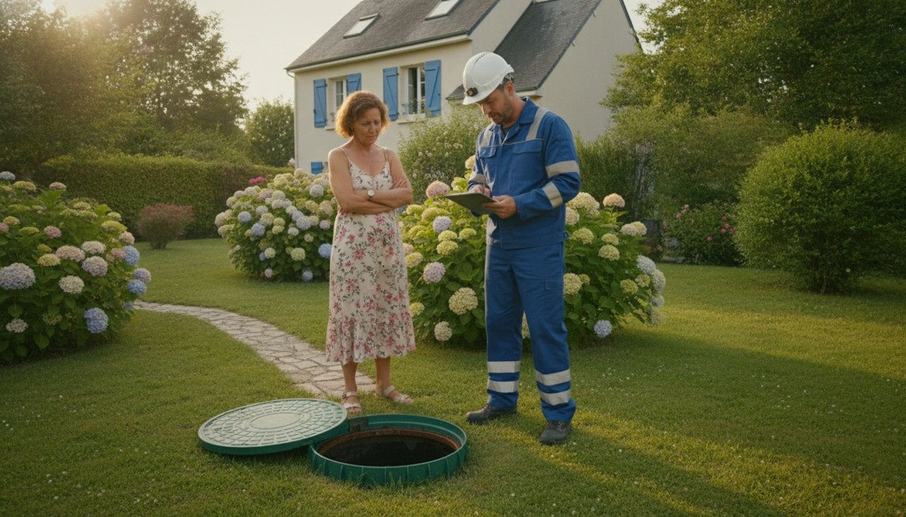 Technicien du SPANC contrôlant un regard d'inspection dans le jardin d'un particulier