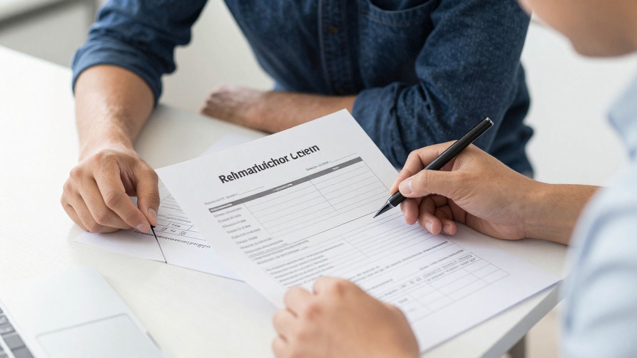 Close-up of a homeowner and an advisor reviewing a roof renovation quote and subsidy forms at a kitchen table
