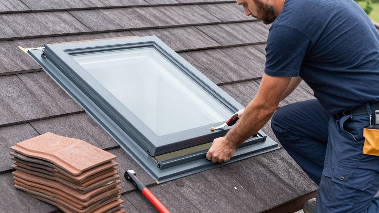 Roofer installing a roof window and flashing on a pitched roof, tools and tile stacks nearby