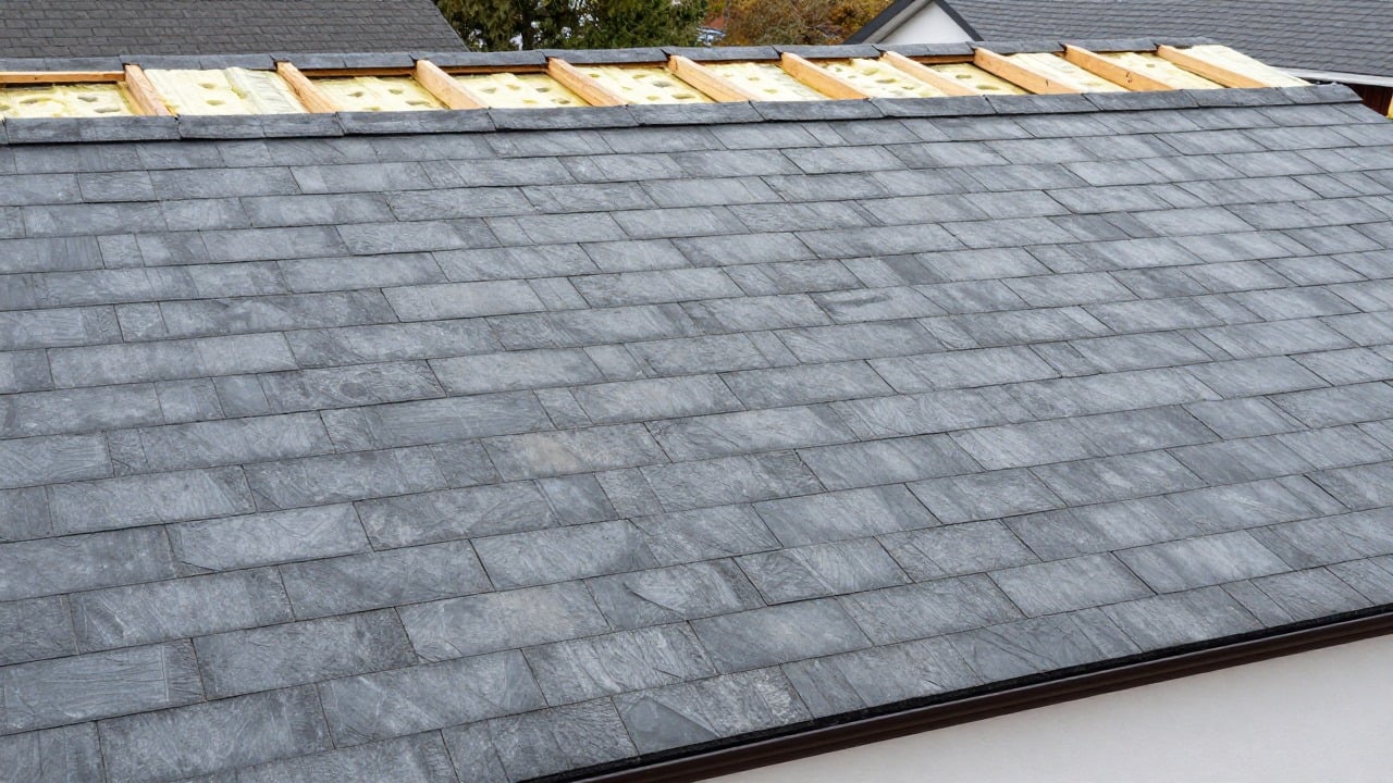 Wide view of a house roof half covered with new grey slate tiles and insulation panels visible under the rafters