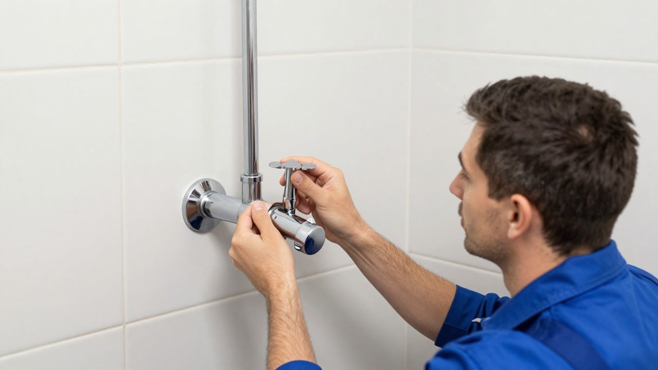 A plumber fitting a chrome shower mixer on a freshly tiled bathroom wall