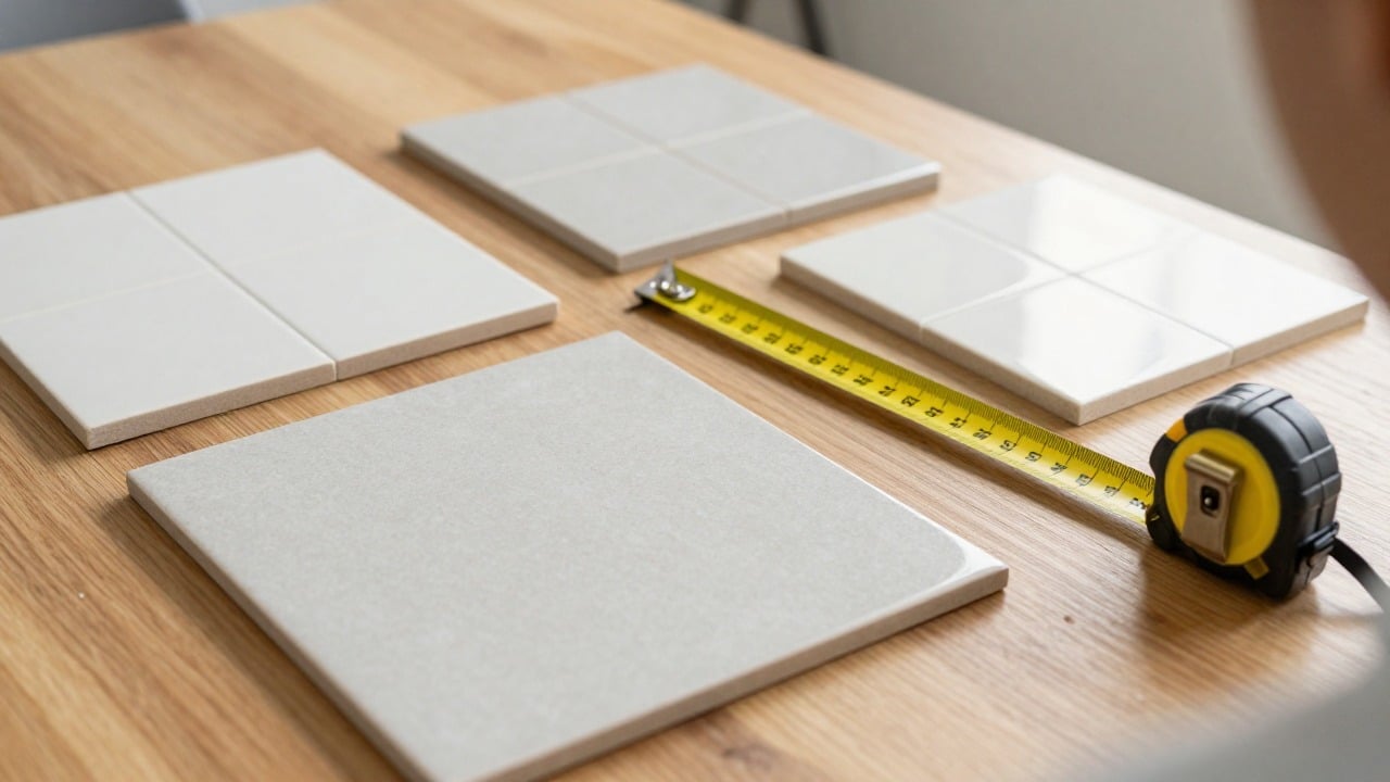 Samples of bathroom tiles and a tape measure laid on a wooden table during a quote meeting