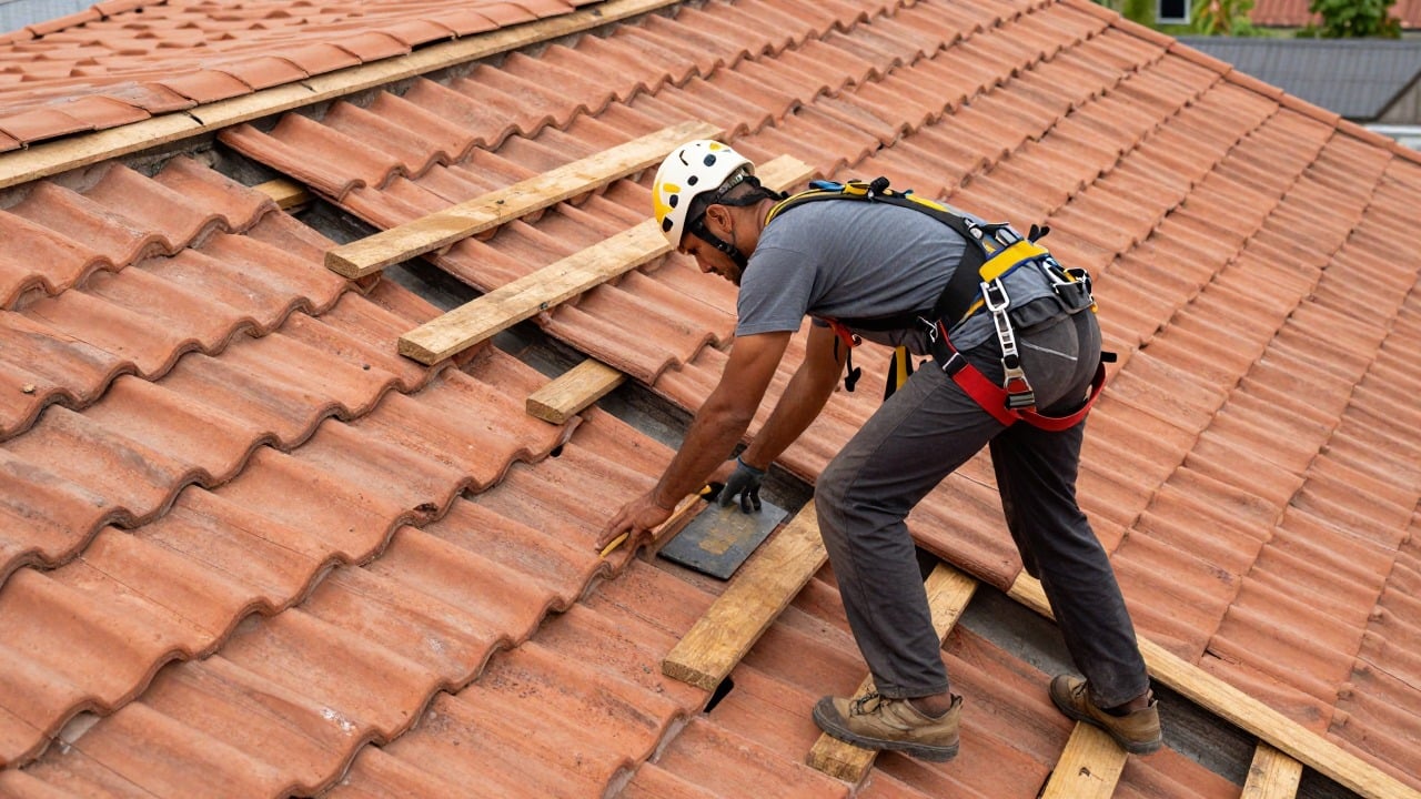 A roofer in a harness laying new terracotta tiles on a roof with wooden battens visible