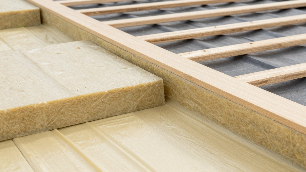 Close-up of insulation panels and a waterproof underlayment being installed under roof battens