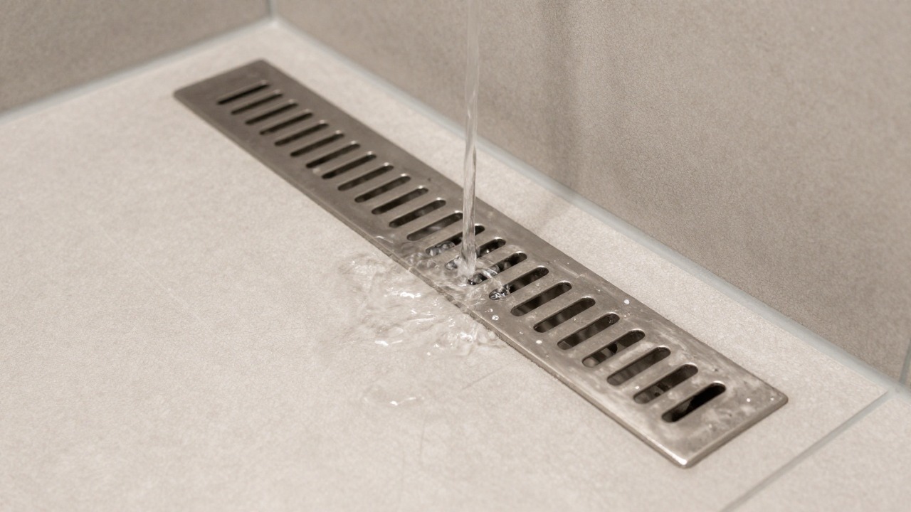 Close-up of a linear stainless steel drain channel set into a tiled walk-in shower floor with water running toward it