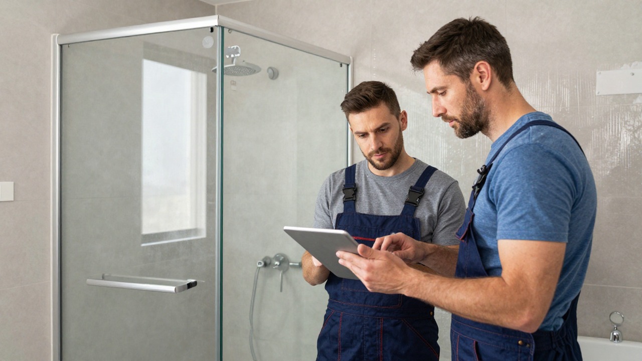 Pair of renovation craftsmen discussing a bathroom plan on a tablet next to an unfinished walk-in shower with waterproofing membrane on the walls
