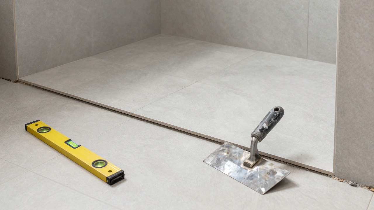 Tiler laying large grey tiles with a slight slope on a flat shower floor in a bathroom under renovation, trowel and spirit level on the ground
