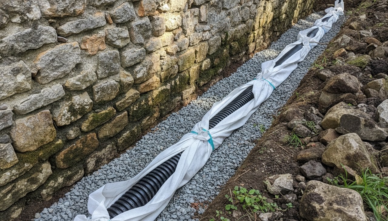 Tranchée le long d'un mur en pierre d'une maison ancienne avec drain perforé posé sur un lit de gravier