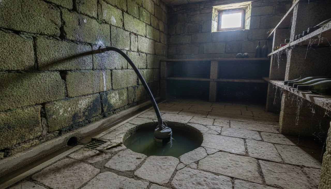 Puisard avec pompe de relevage dans une cave en pierre d'une maison ancienne et drain intérieur le long du mur