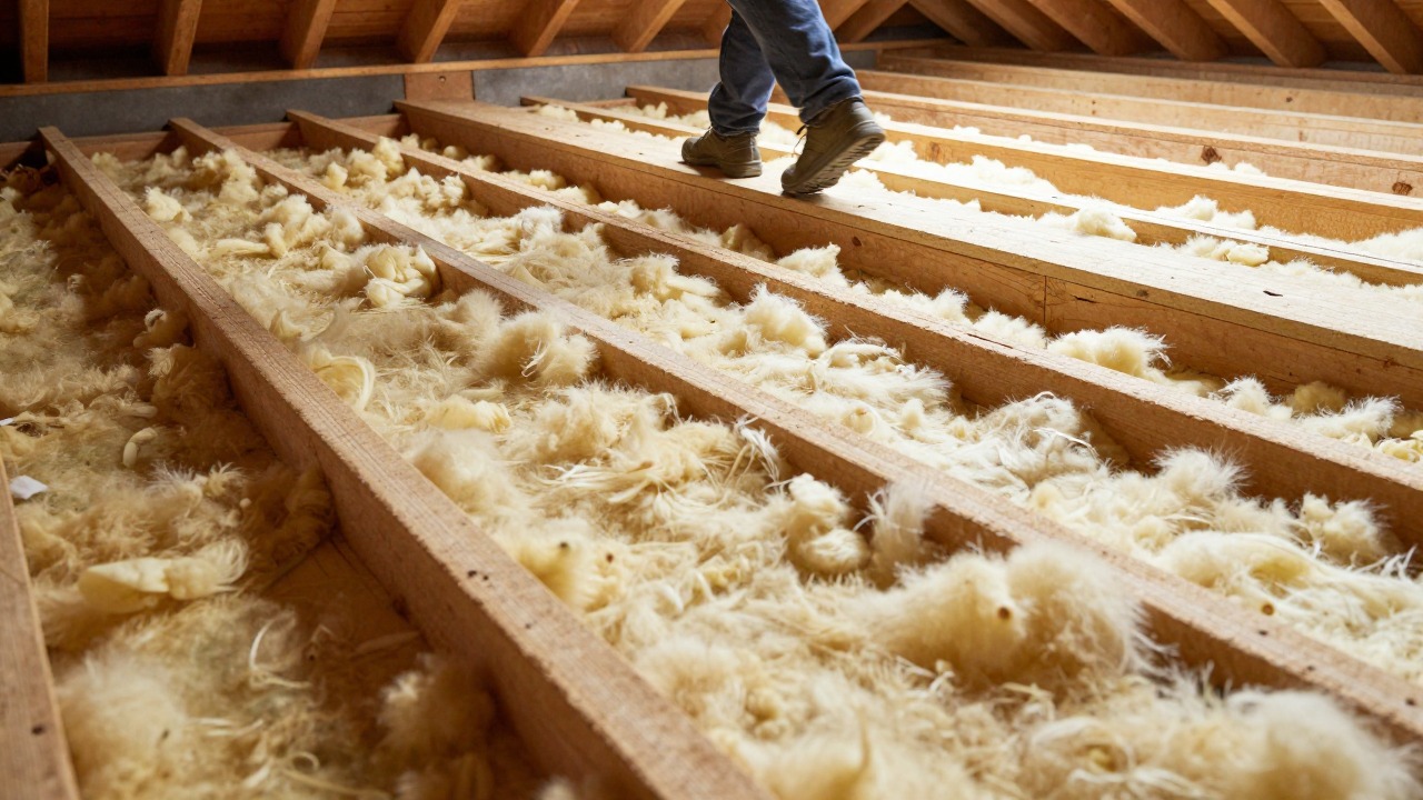 Cross section view of an attic floor with fluffy loose-fill insulation laid between wooden joists and a worker walking on boards