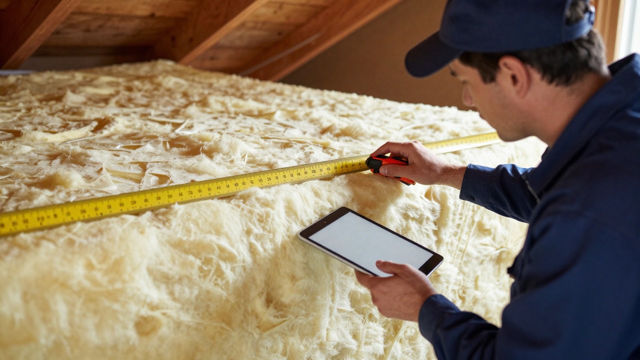 Technician measuring insulation thickness in an attic with a ruler and tablet next to blown cellulose insulation
