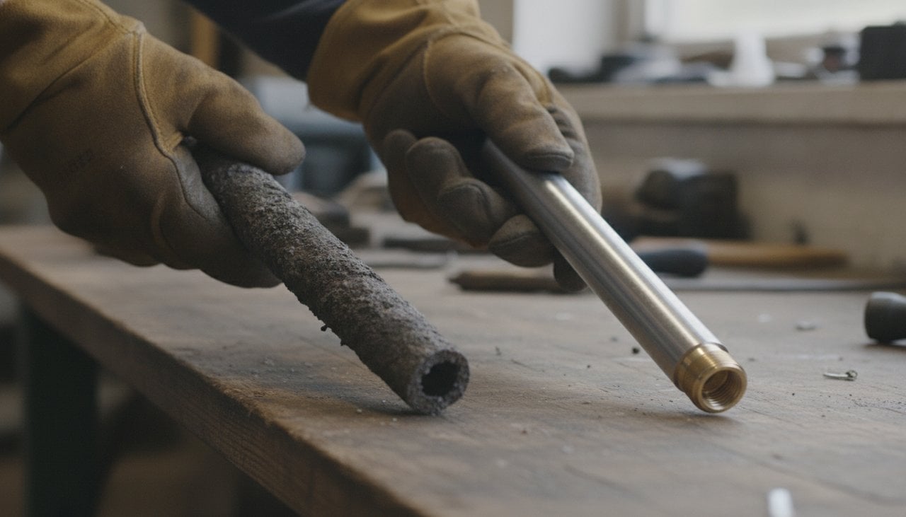 Anode en magnésium usée et anode neuve posées sur un établi