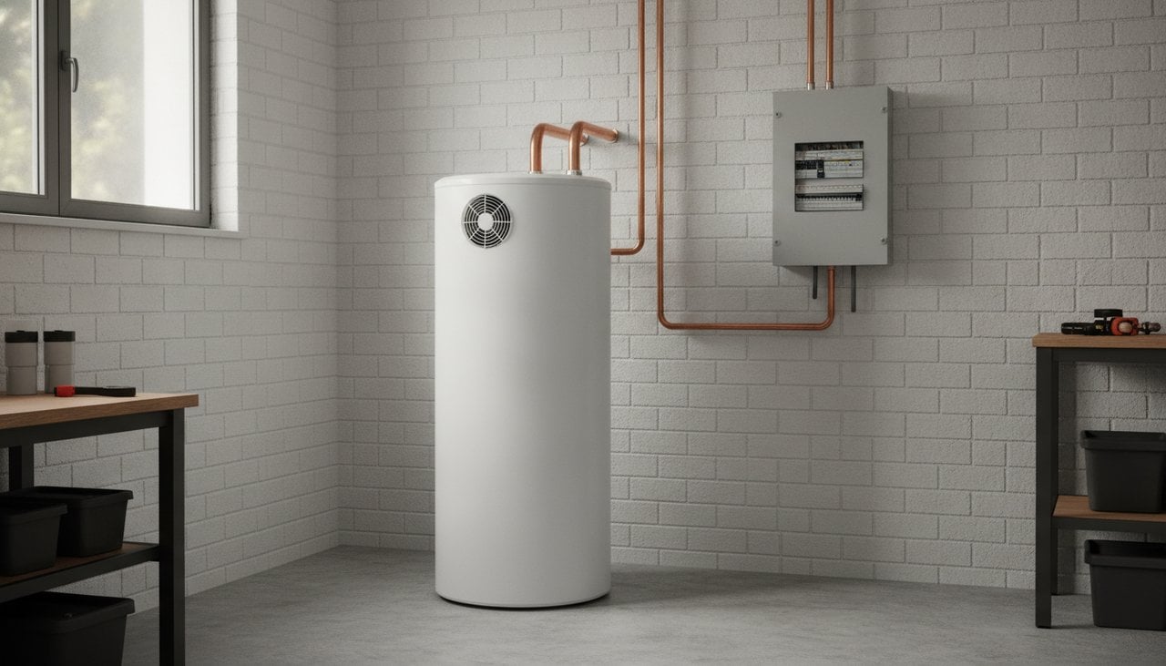 Chauffe-eau thermodynamique installé dans un garage avec tuyauterie en cuivre