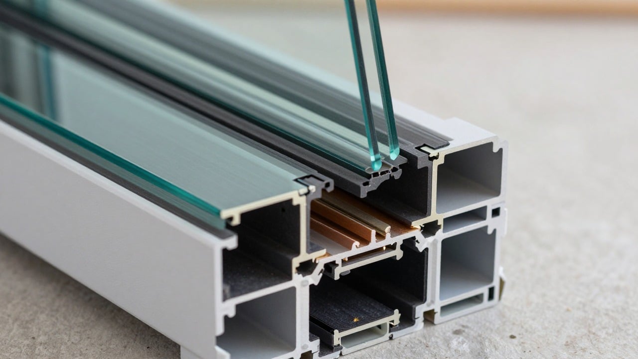 Close-up cross section of a double glazing unit showing two glass panes with a spacer bar and gas gap held in a workshop