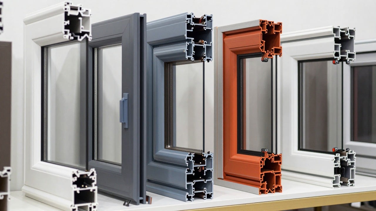 Modern aluminium and PVC window frames in different colours displayed side by side in a bright showroom