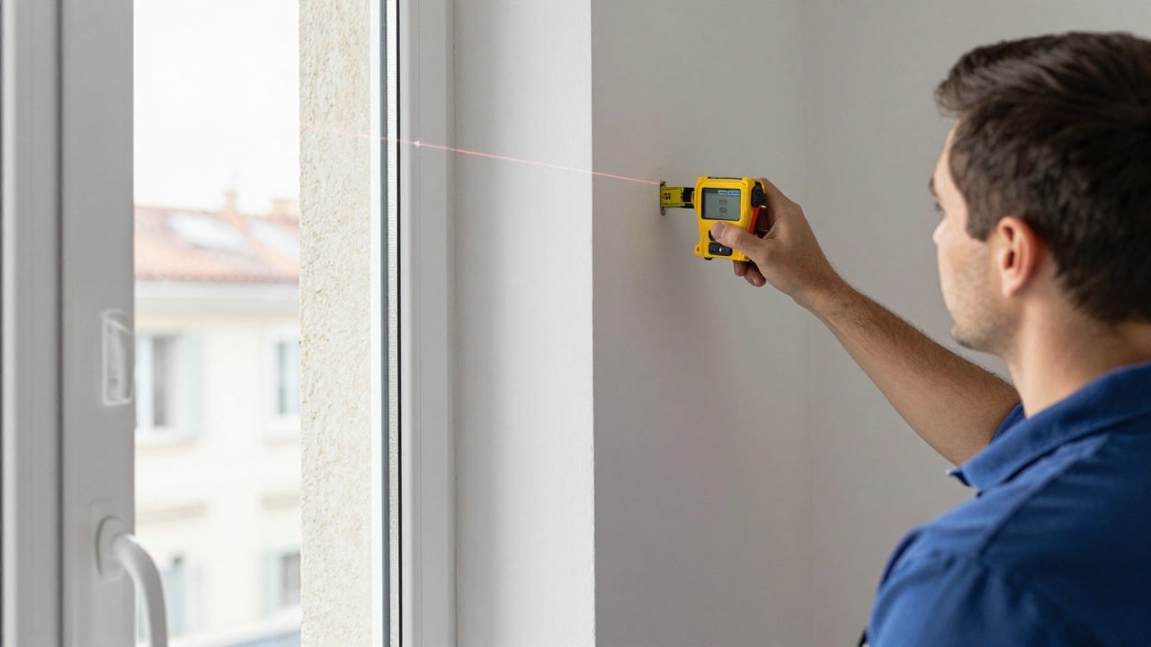 Technician measuring a window opening with a laser meter and tape in a renovated French apartment wall
