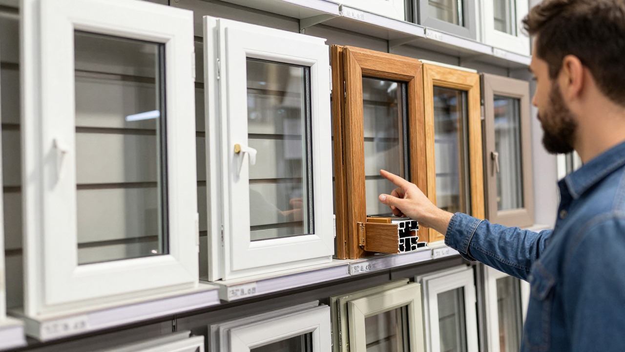 Showroom of a home improvement store with several window frame samples in PVC, aluminium and wood displayed on a wall, a customer comparing them