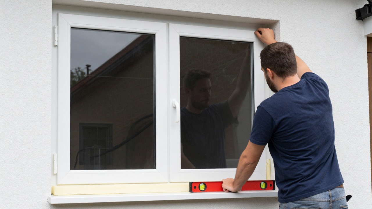 Two installers fitting a new double-glazed window into a house facade from the inside, sealing foam and level tool visible, daylight