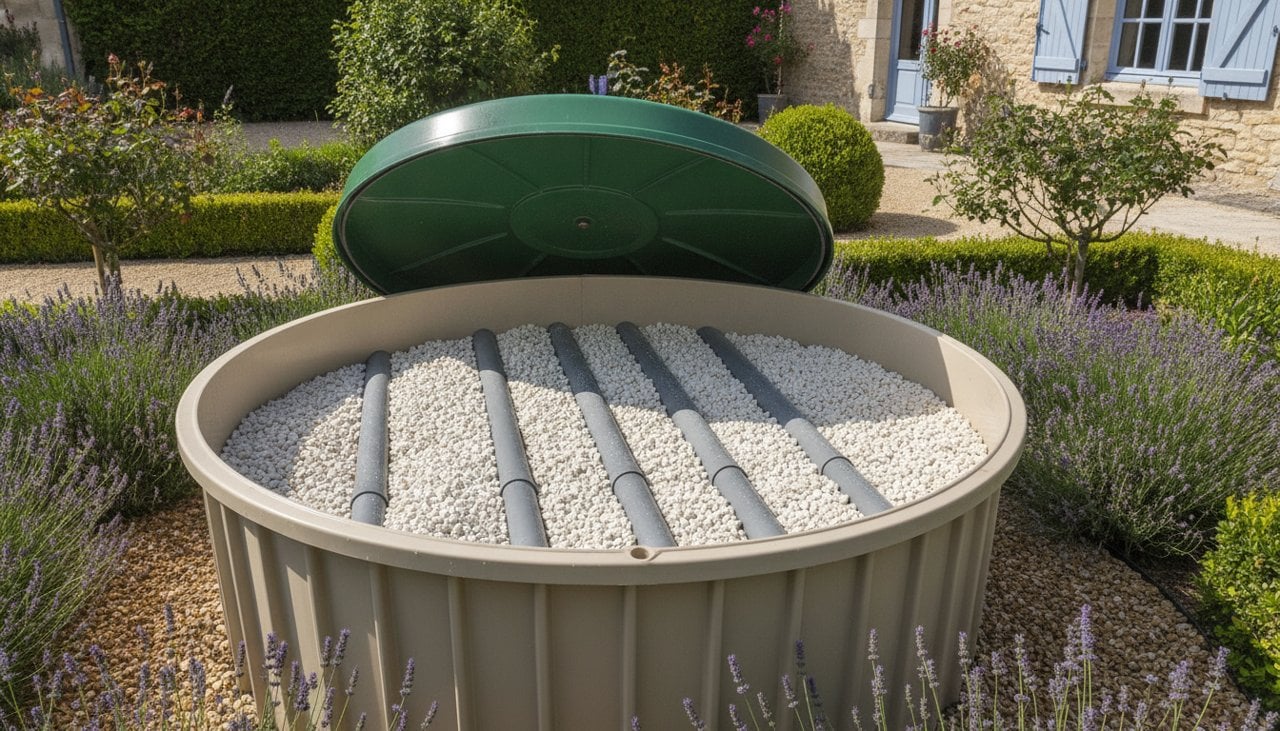 Filtre compact d'assainissement ouvert montrant le média filtrant en zéolithe et les drains de répartition
