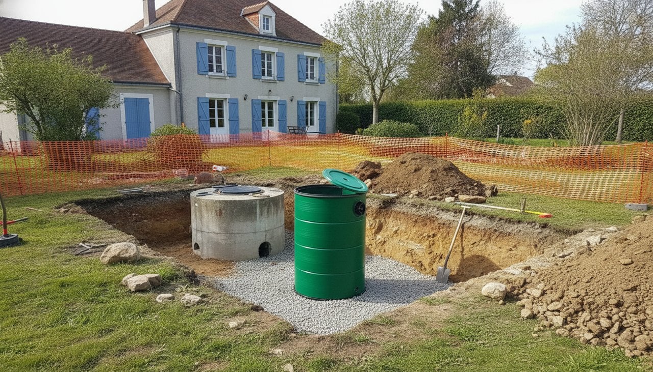 Pose d'un filtre compact d'assainissement dans un jardin