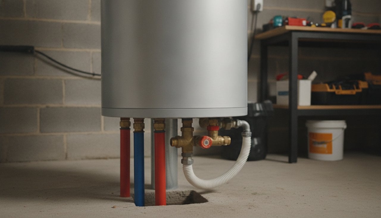 Ballon thermodynamique installé dans un garage avec raccordements hydrauliques