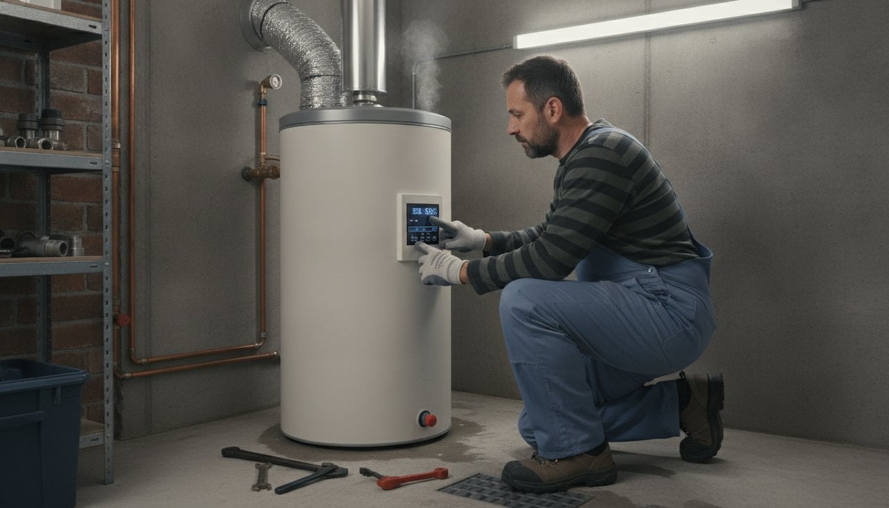 Plombier chauffagiste réglant un chauffe-eau thermodynamique à la mise en service