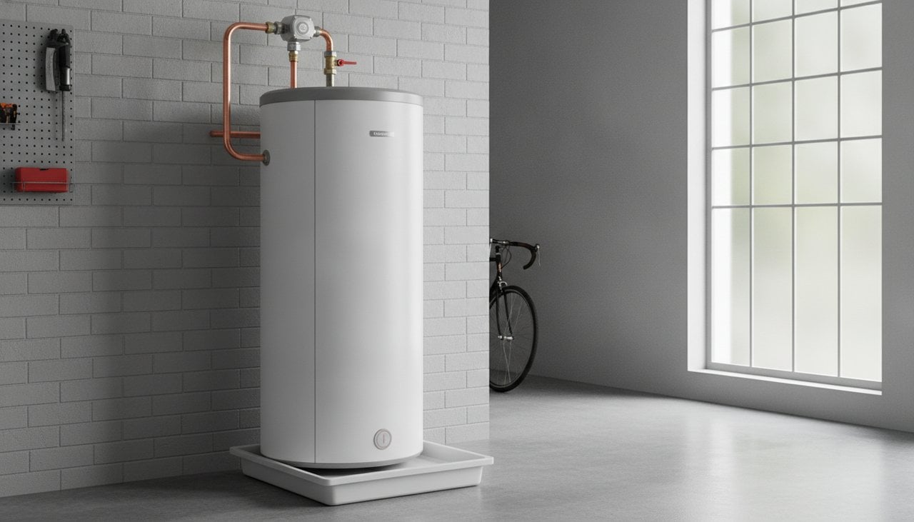 Chauffe-eau thermodynamique installé dans un garage avec raccordements