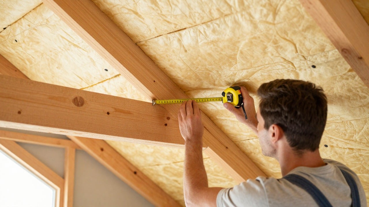 A homeowner measuring the thickness of attic insulation with a tape measure next to wooden beams in a bright attic