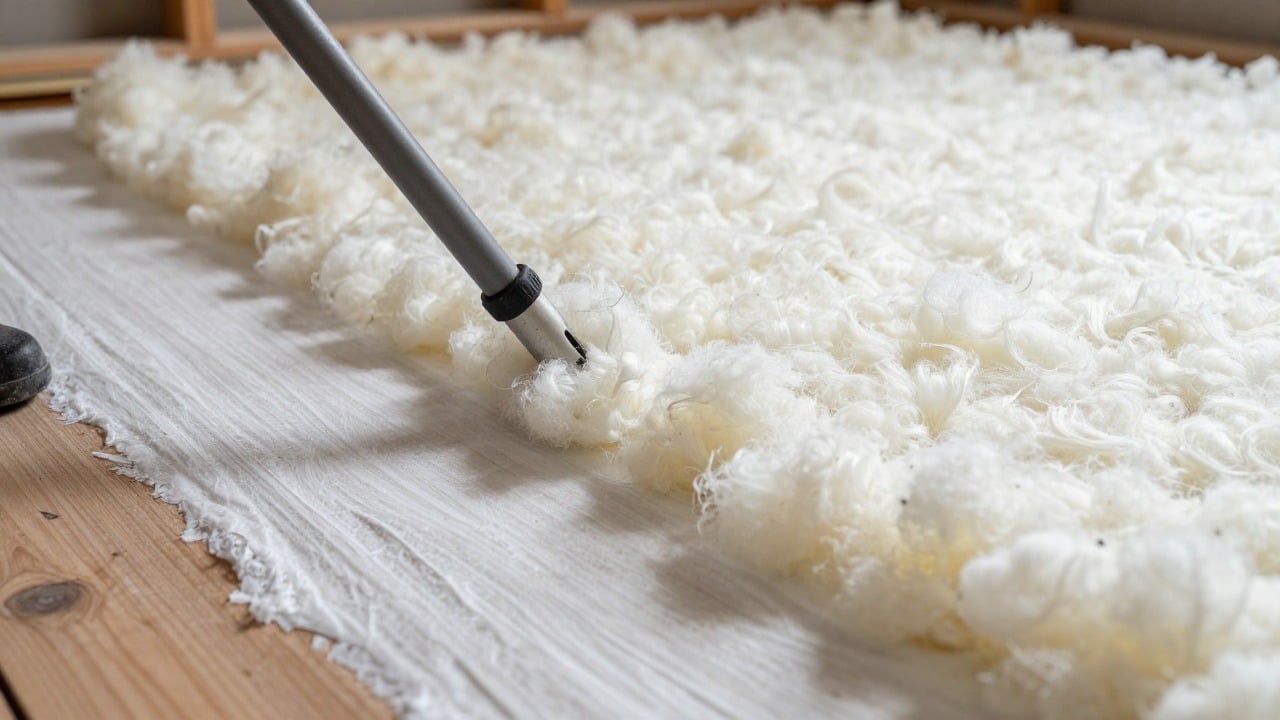 Close-up of blown loose-fill insulation being spread evenly across an attic floor with a hose, thick fluffy layer visible