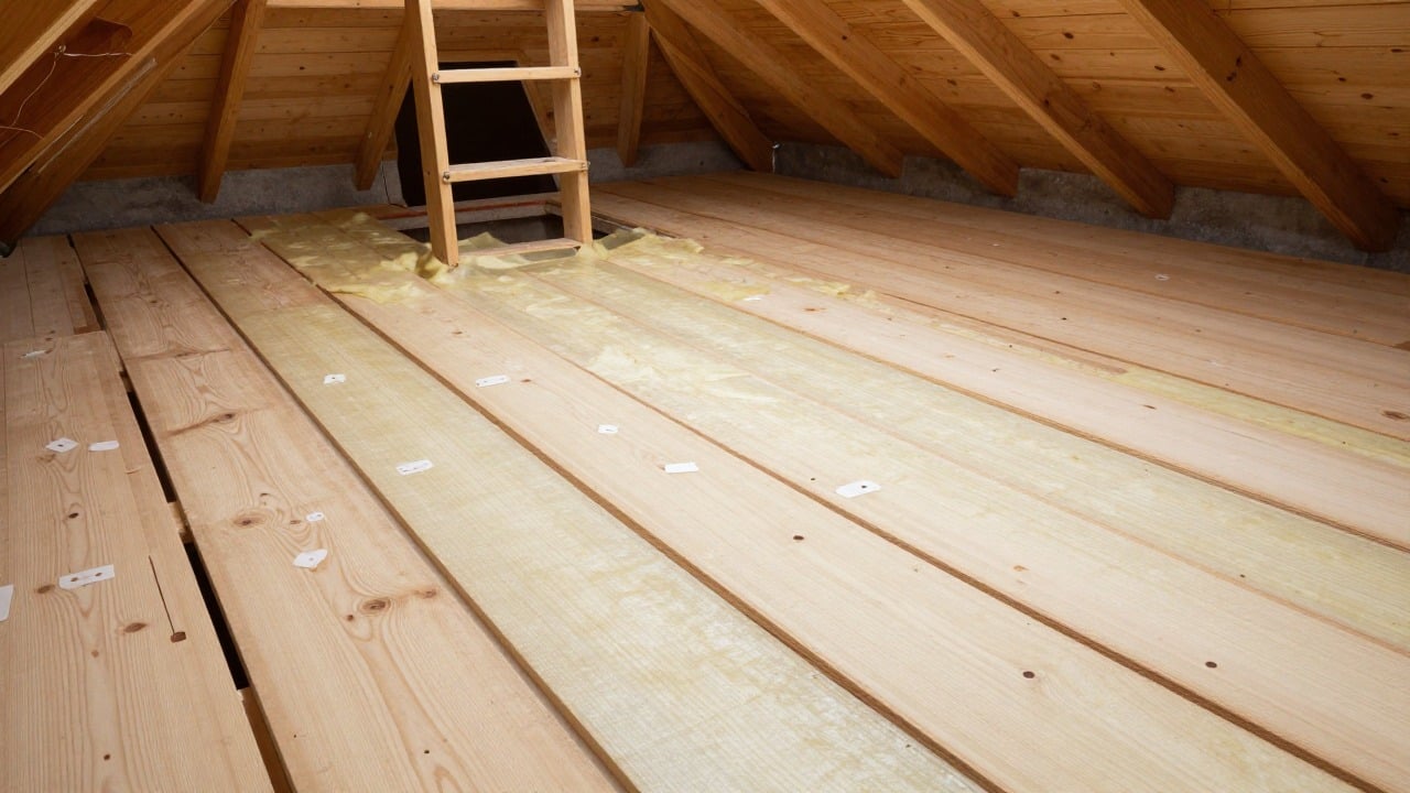 Walkable insulated attic floor with wooden boards laid over rolled glass wool, a ladder access hatch in the background
