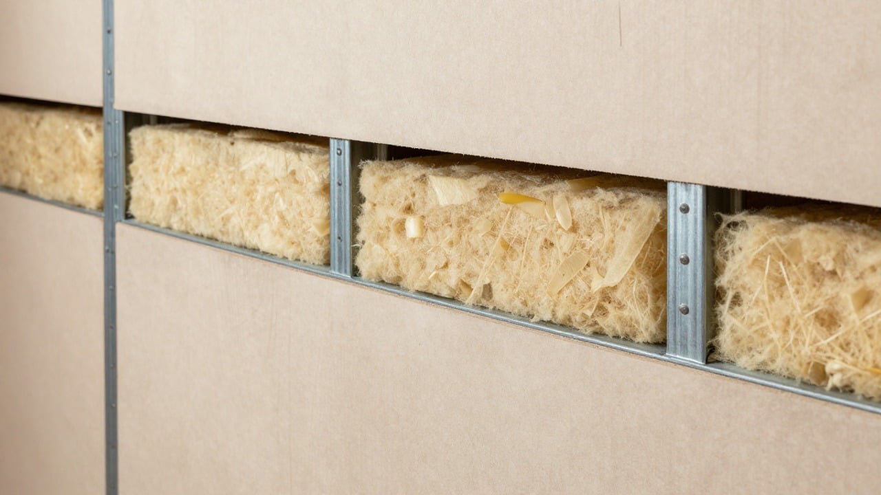 Cross-section view of an interior wall insulation system with mineral wool between metal studs and a plasterboard layer, clean technical photo style