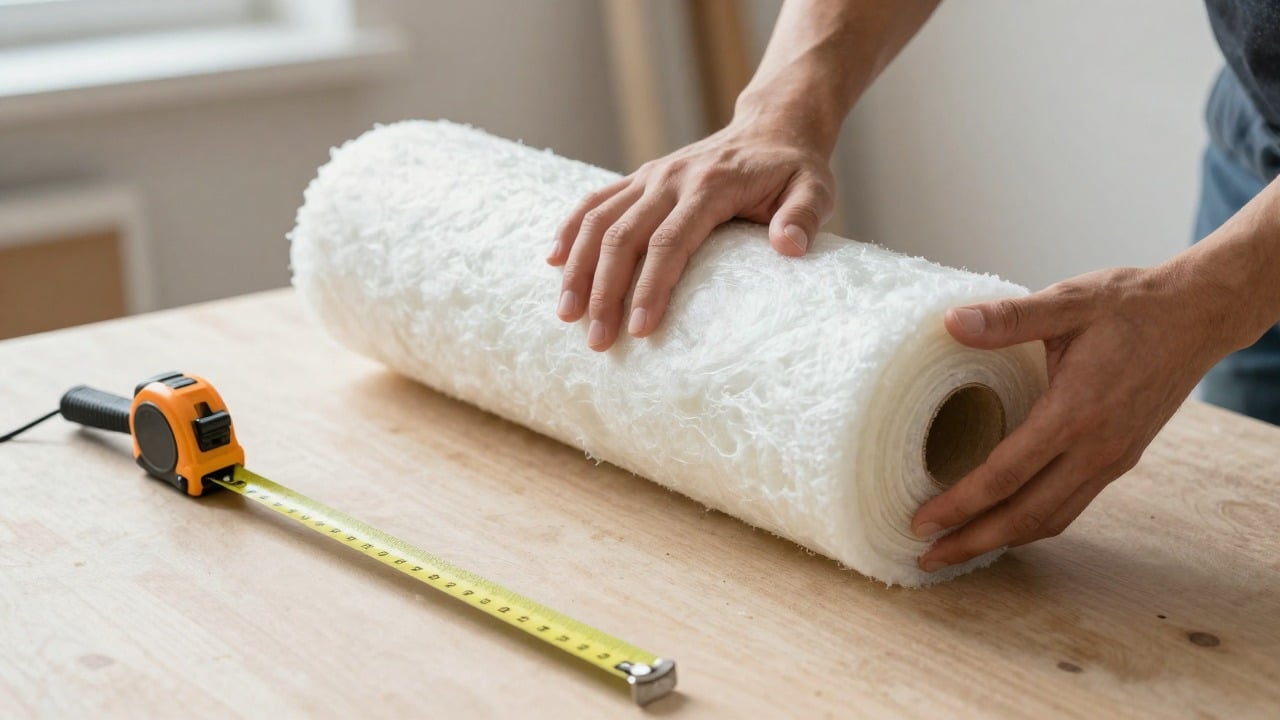 Hands holding a roll of glass wool insulation next to a measuring tape and a cutter on a workshop table in a renovated apartment