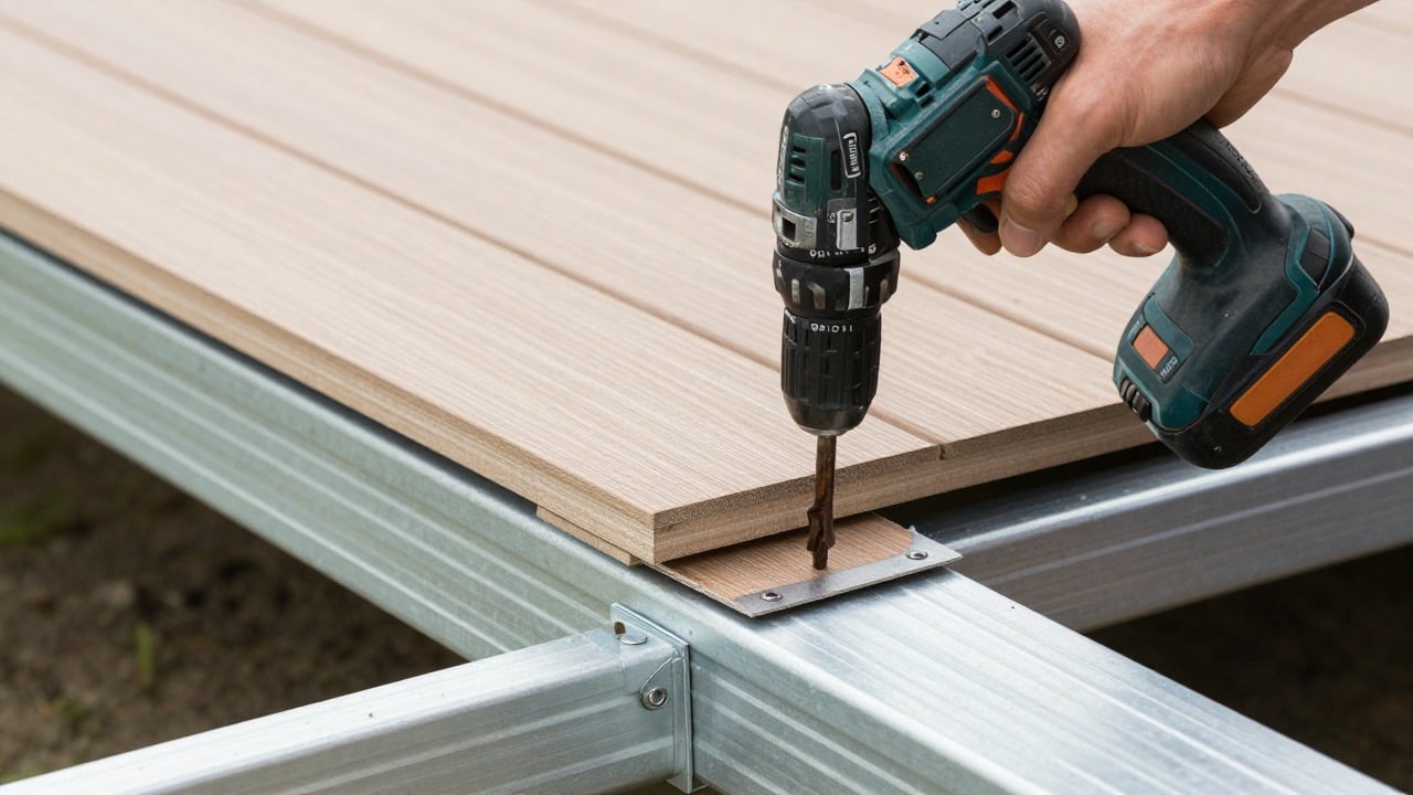 Close-up of a worker screwing composite deck boards onto aluminium joists with a cordless drill