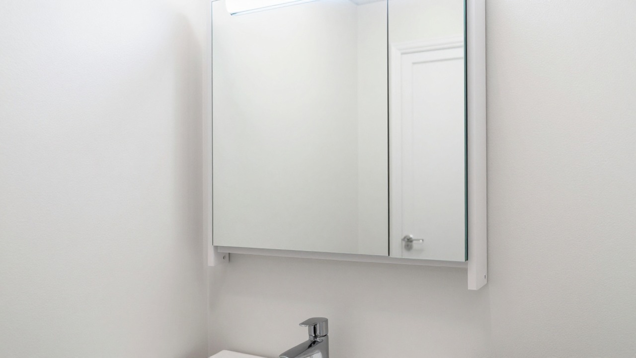 Close-up of a white wall-mounted bathroom cabinet with a mirror door and LED light above a small basin in a compact apartment bathroom
