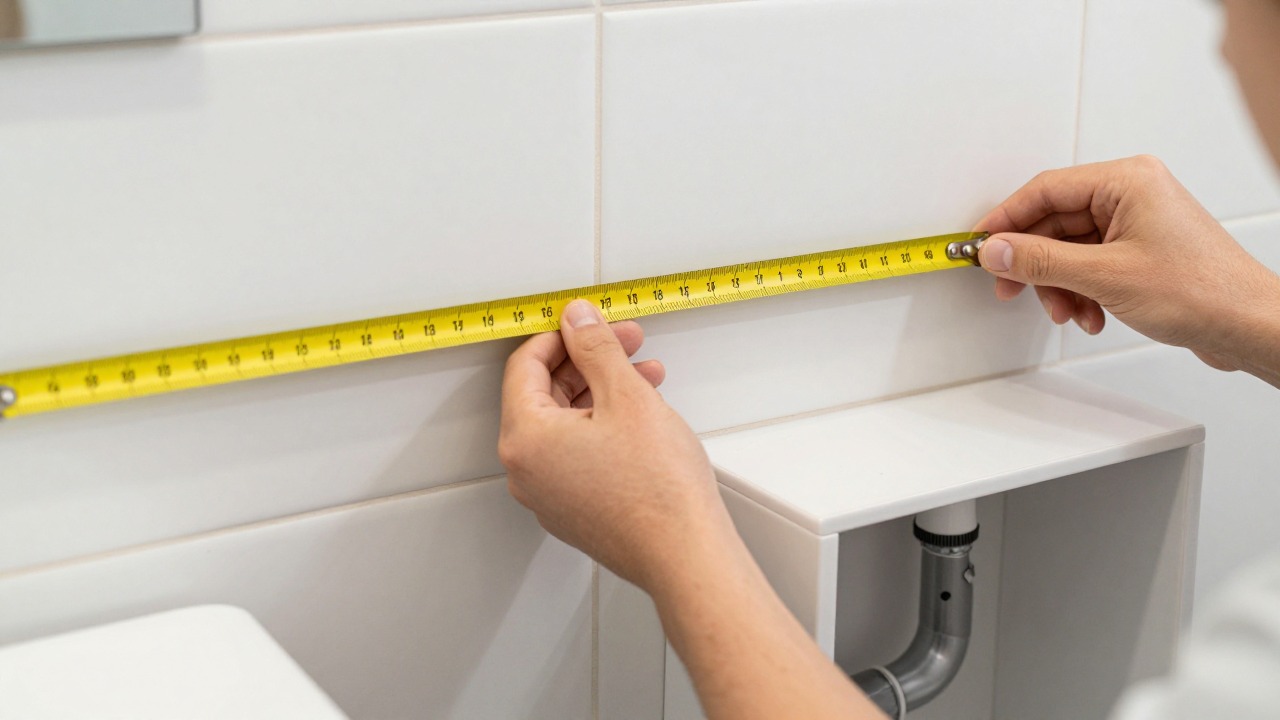 Person measuring the width of a bathroom wall with a tape measure before installing a vanity unit, tiles and pipes visible