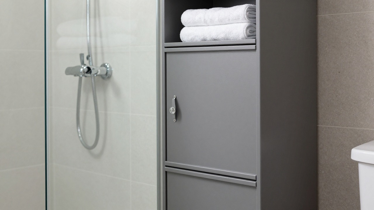 Tall slim bathroom storage column in matte grey next to a walk-in shower with glass screen, towels folded on shelves