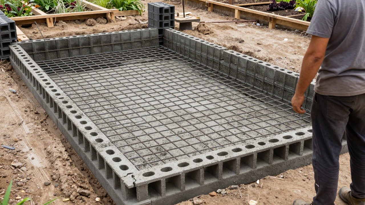 Radier ferraillé d'une mini piscine béton avant coulage