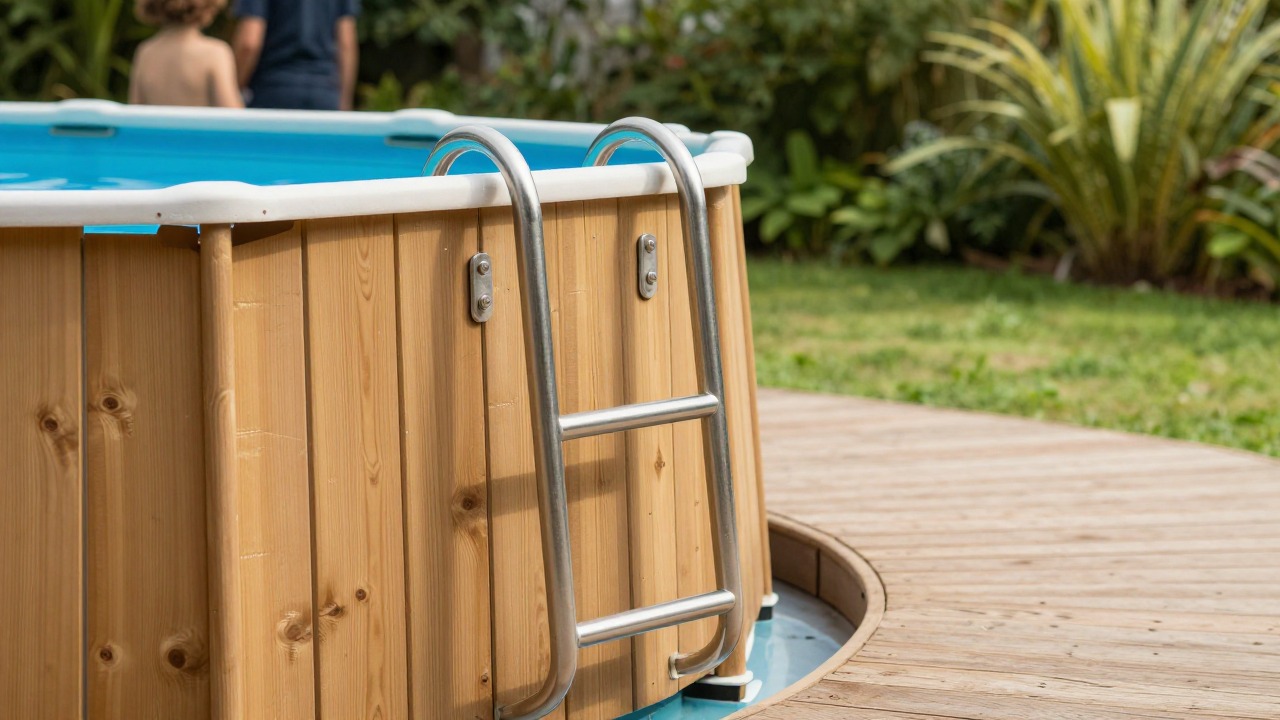 Échelle amovible sur une mini piscine semi-enterrée en bois