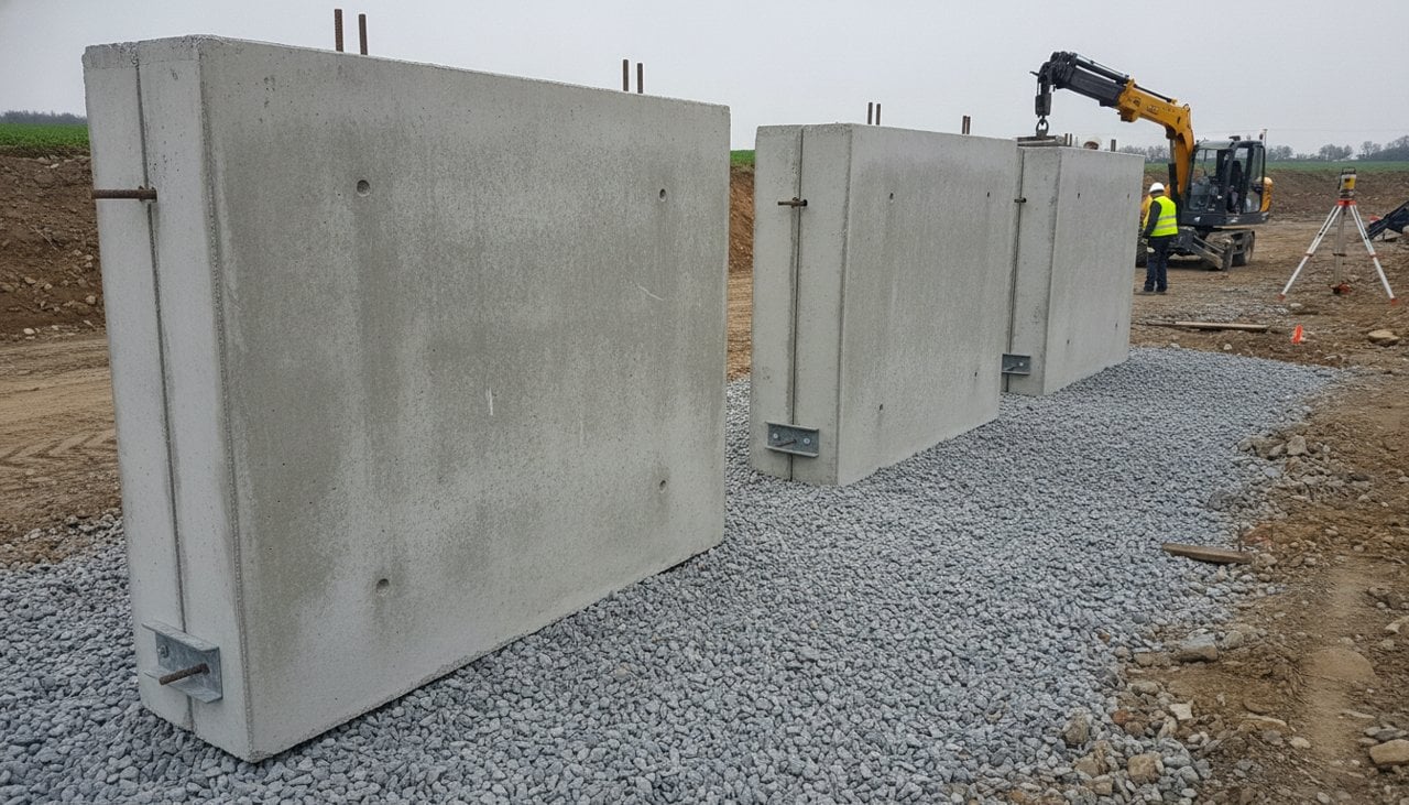 Éléments de mur de soutènement en L préfabriqués en béton posés sur un lit de pose