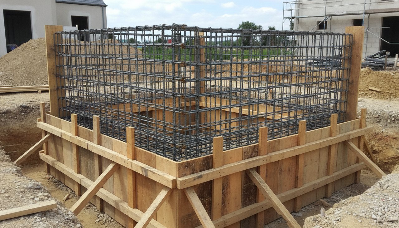 Ferraillage d'une semelle en L de mur de soutènement avant coulage du béton