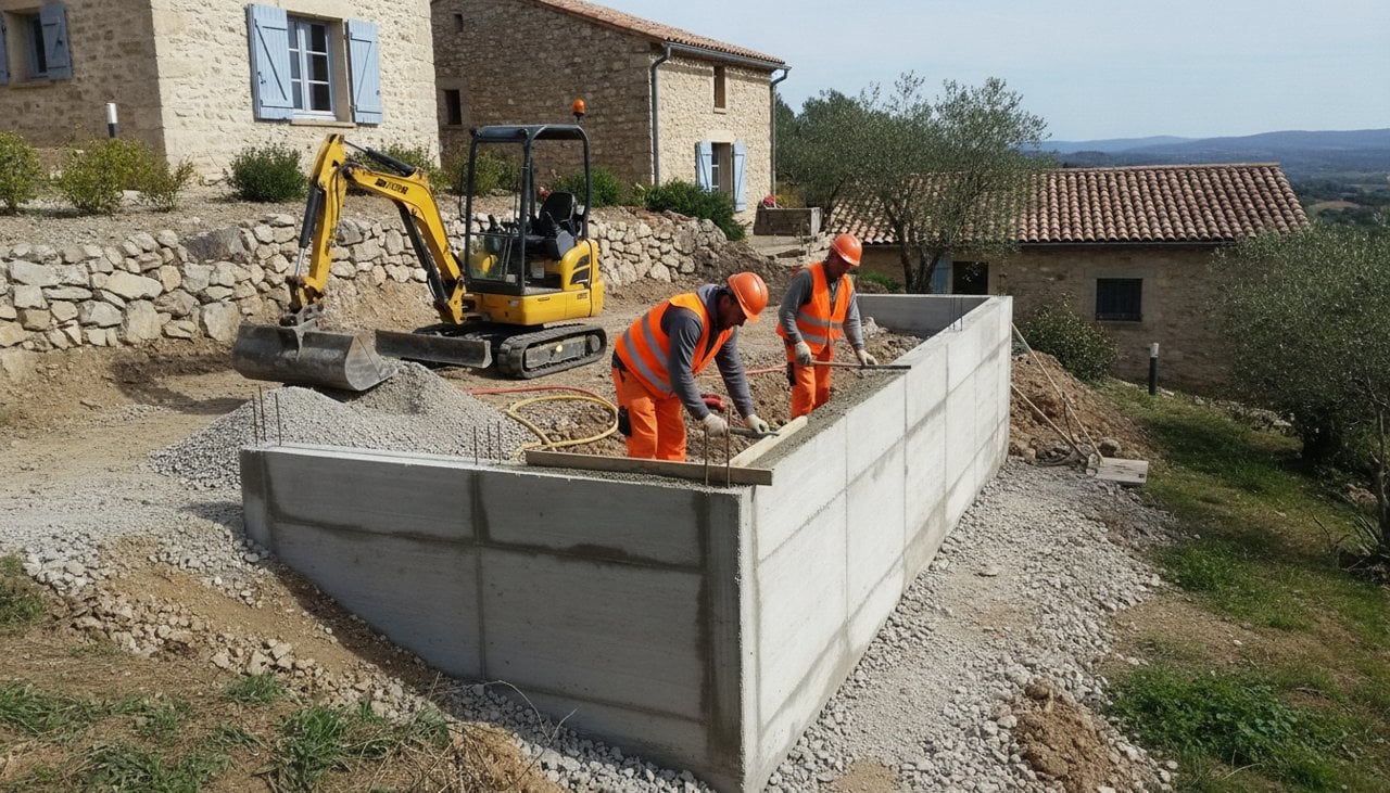 Maçons posant un mur de soutènement en L en béton le long d'un talus