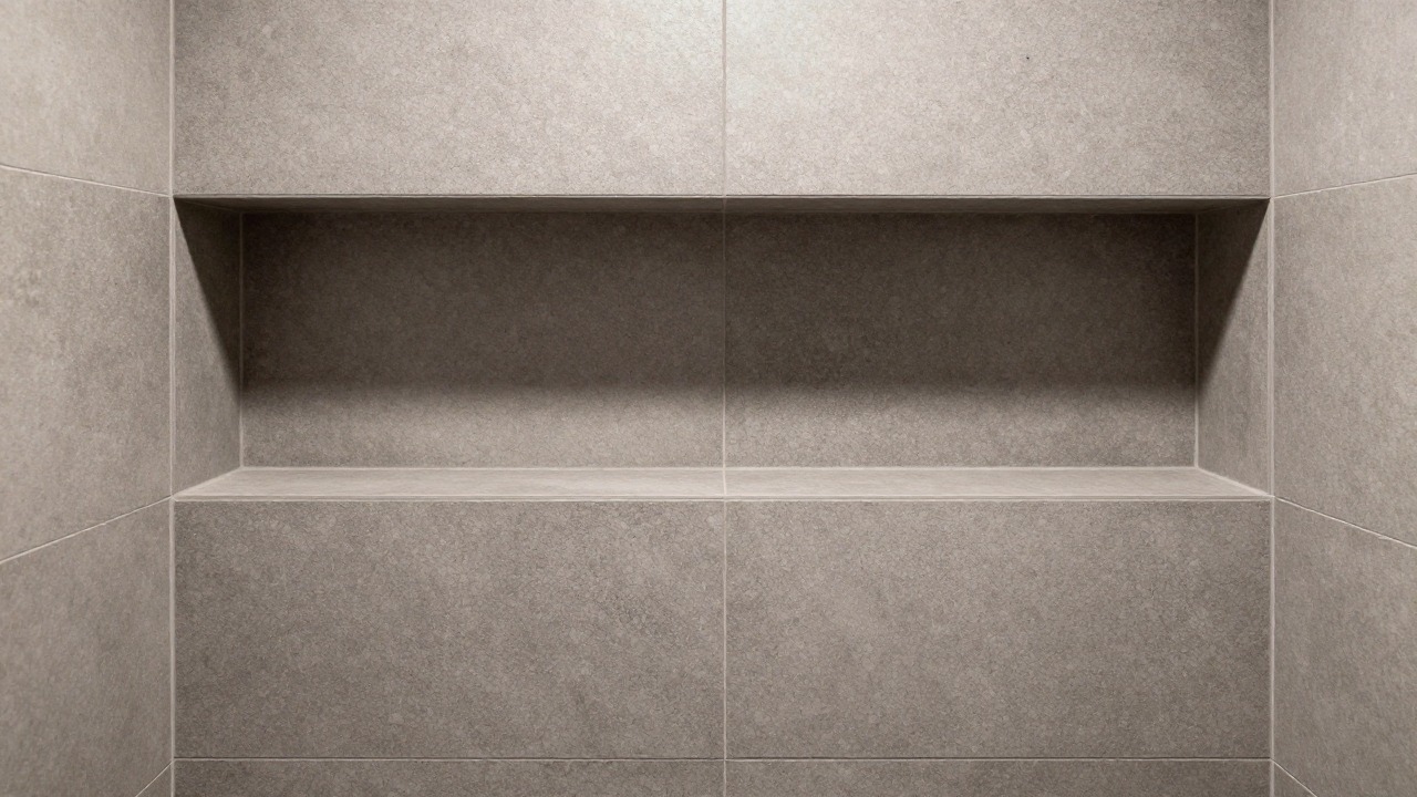 A modern walk-in shower with a wide horizontal niche at chest height and grey stoneware tiles