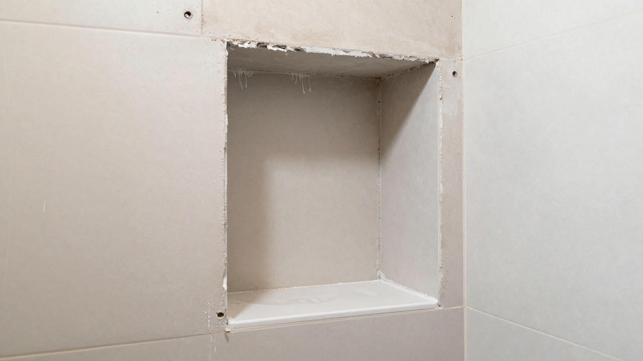 A tiler installing a waterproof prefabricated shower niche into a plasterboard wall before tiling