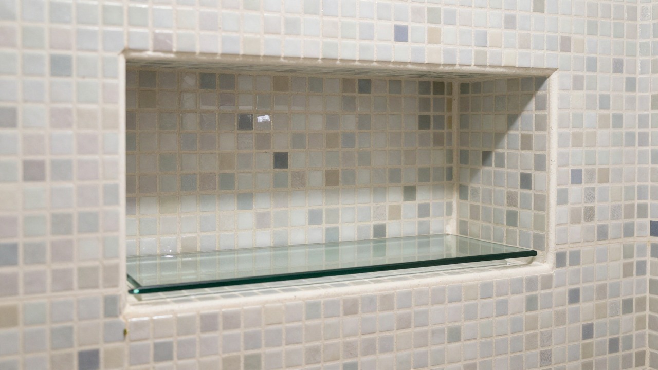 Close-up of a finished recessed shower niche with mosaic tiles and a small glass shelf inside
