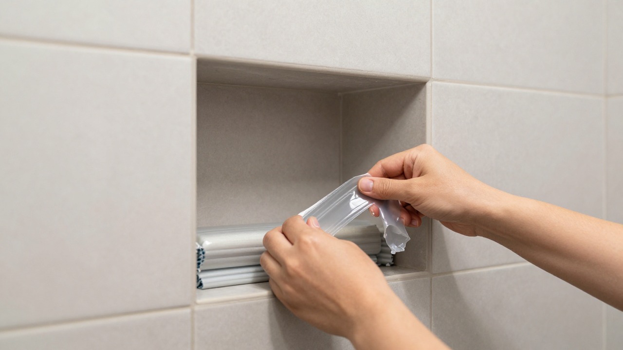 Hands applying waterproofing membrane around a shower niche opening in a bathroom wall